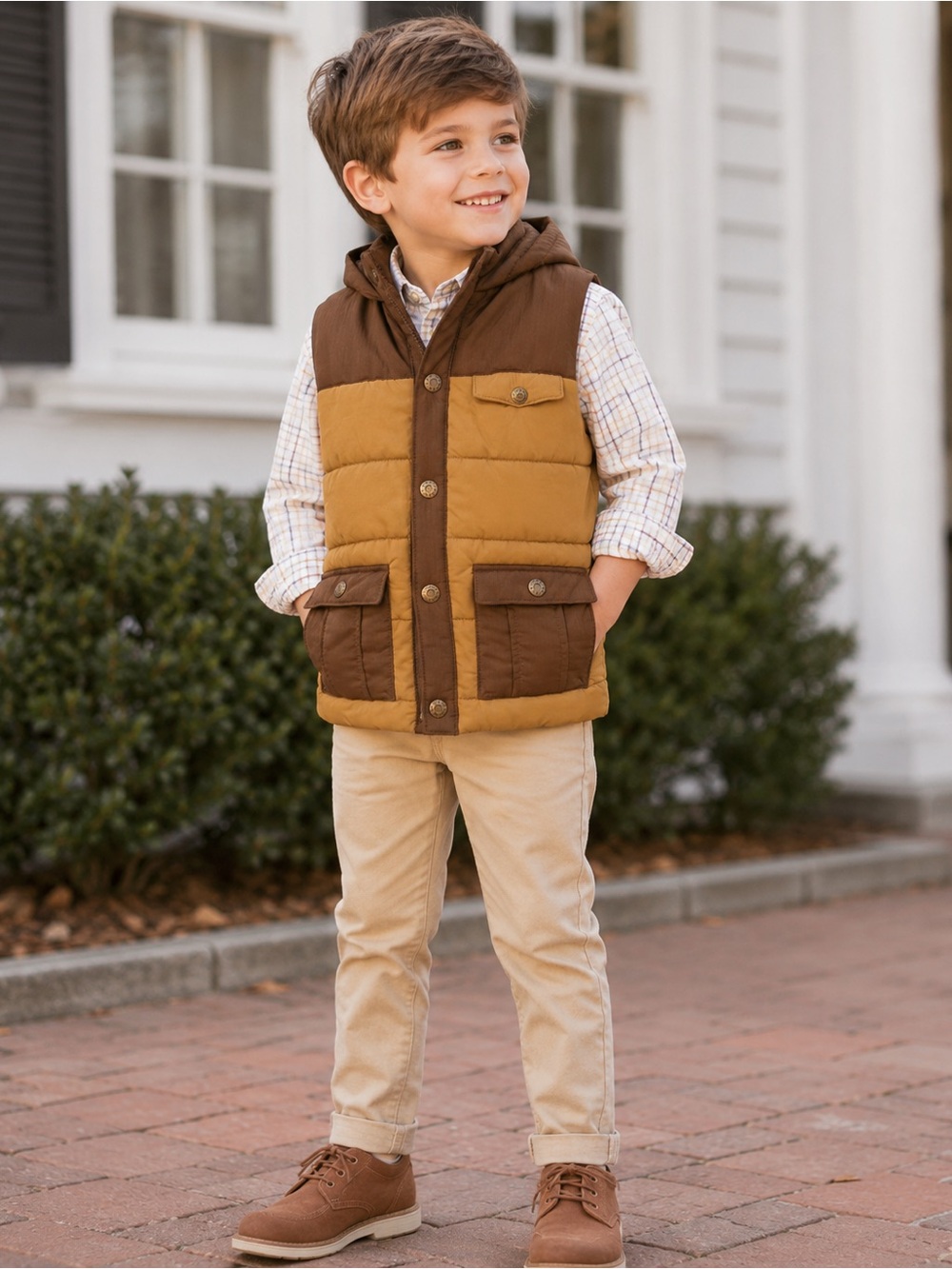 Tommy Bahama Boys Hooded Puffer Vest Brown Tan Size 5/6 Preppy Fall Winter